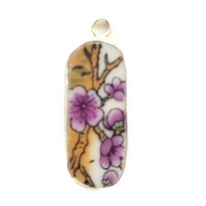 Pink Cherry Blossoms on Branch Pendant Floral Pottery Shard DIY Jewelry Supply